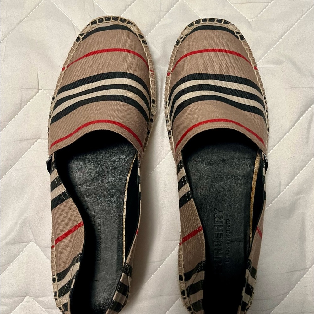 Burberry Tan and Black Striped Espadrilles